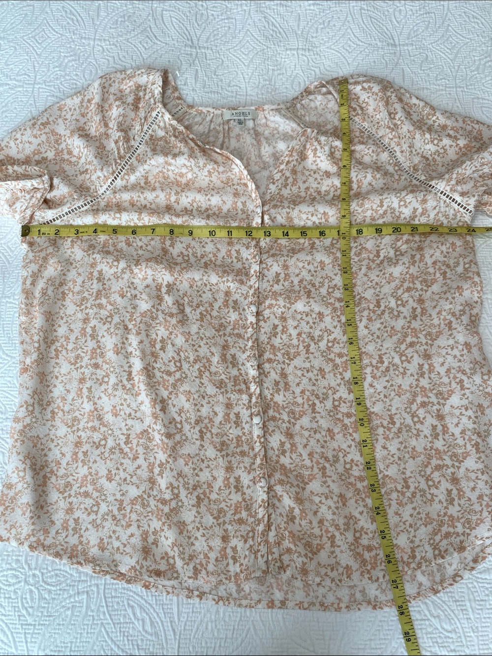ANGELS-Forever Young Cream Pink & Tan Floral Button-Front Women's Top Sz Large - Picture 12 of 14